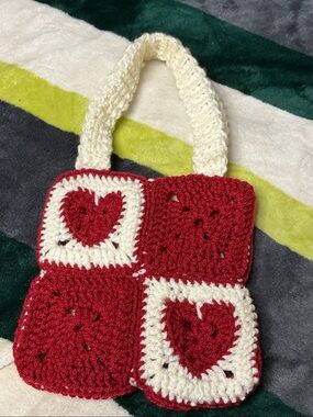 Handmade Red and Cream Crochet Heart Tote Bag 7 x 7